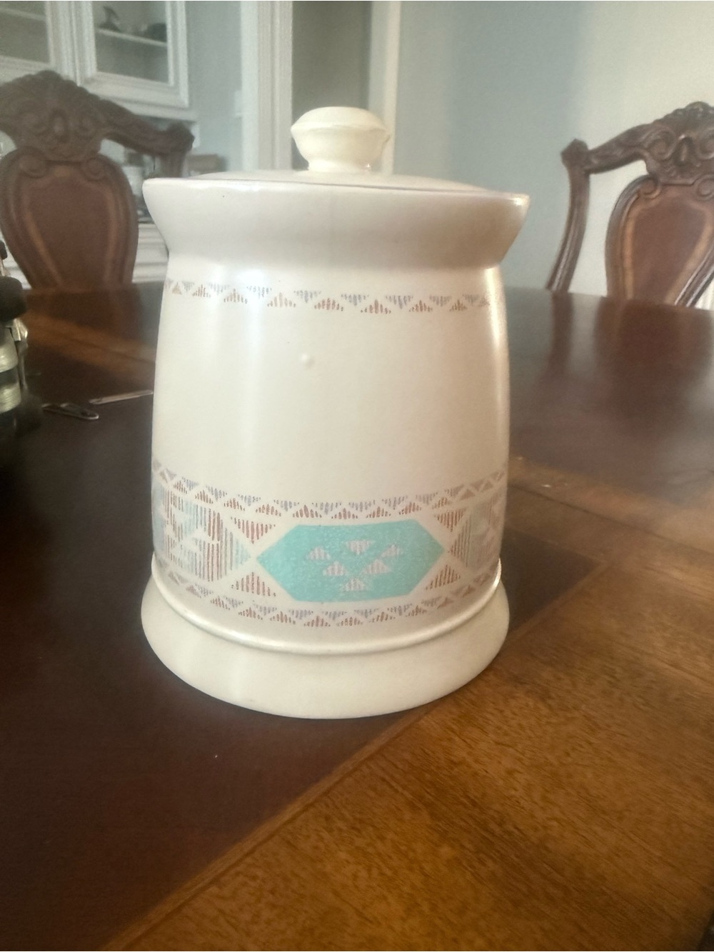 Vintage Ivory Ceramic Canister with Teal Geometric Accent